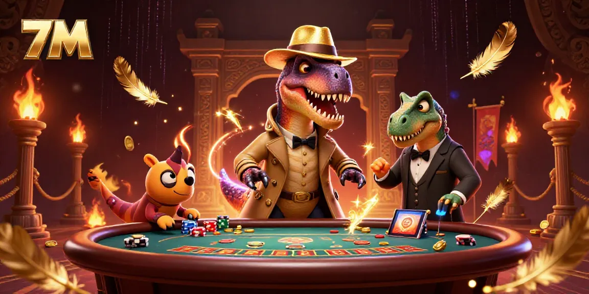 Experience thrilling moments with 7M as a velociraptor card counter interacts with a curious pit boss at a blackjack table.