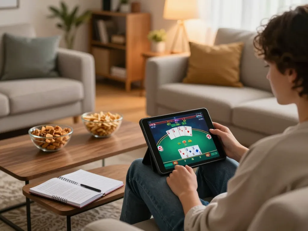 Engaging in responsible online gambling at home with 789win đăng nhập visible on tablet screen.