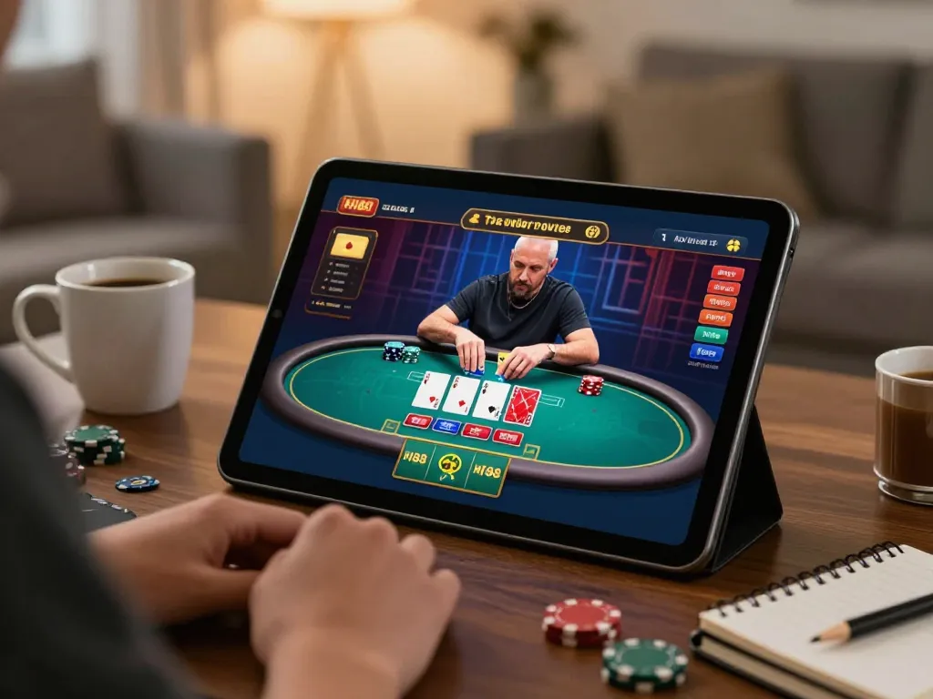Player engaging in live poker action on HI88's online interface at home, showcasing a strategic gaming moment.