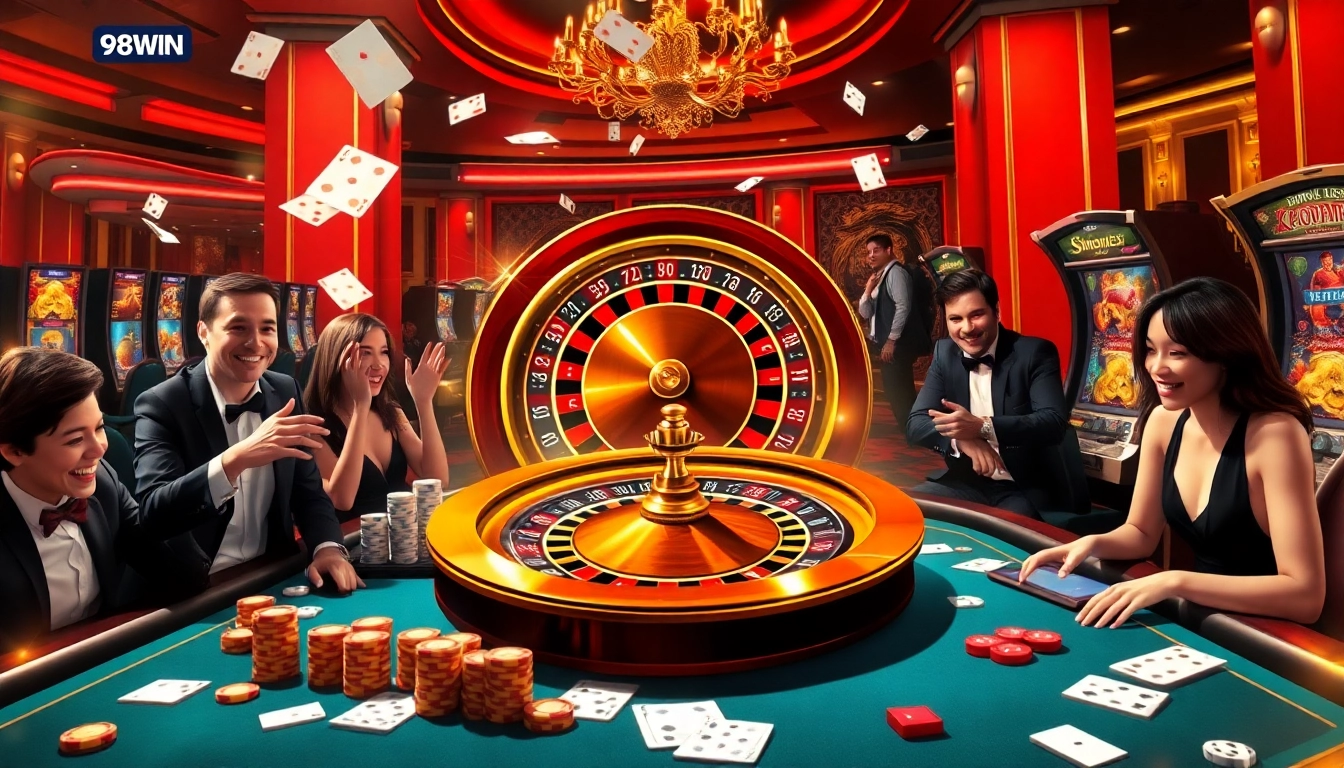 Engaging poker game scene showcasing 98win's exciting atmosphere with players and gambling elements.