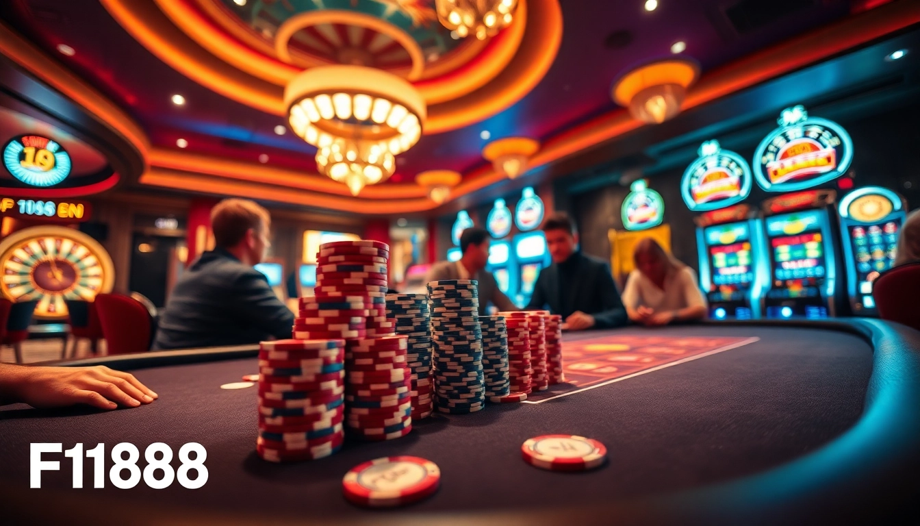 Exciting gambling scene featuring F168 poker action with vibrant casino tables and colorful slot machines.