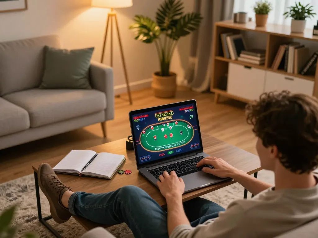 SC88 player enjoying online poker game at home desk with vibrant screen and strategy notes