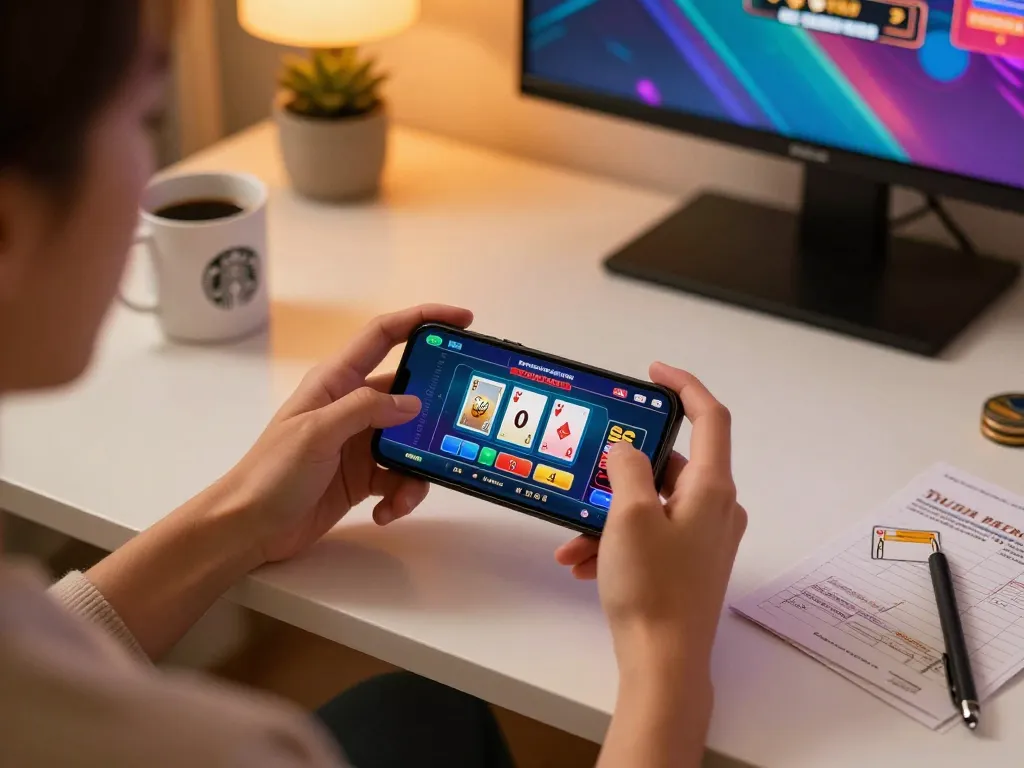 Player enjoying live dealer games on smartphone, showcasing XX88 experience at home setup