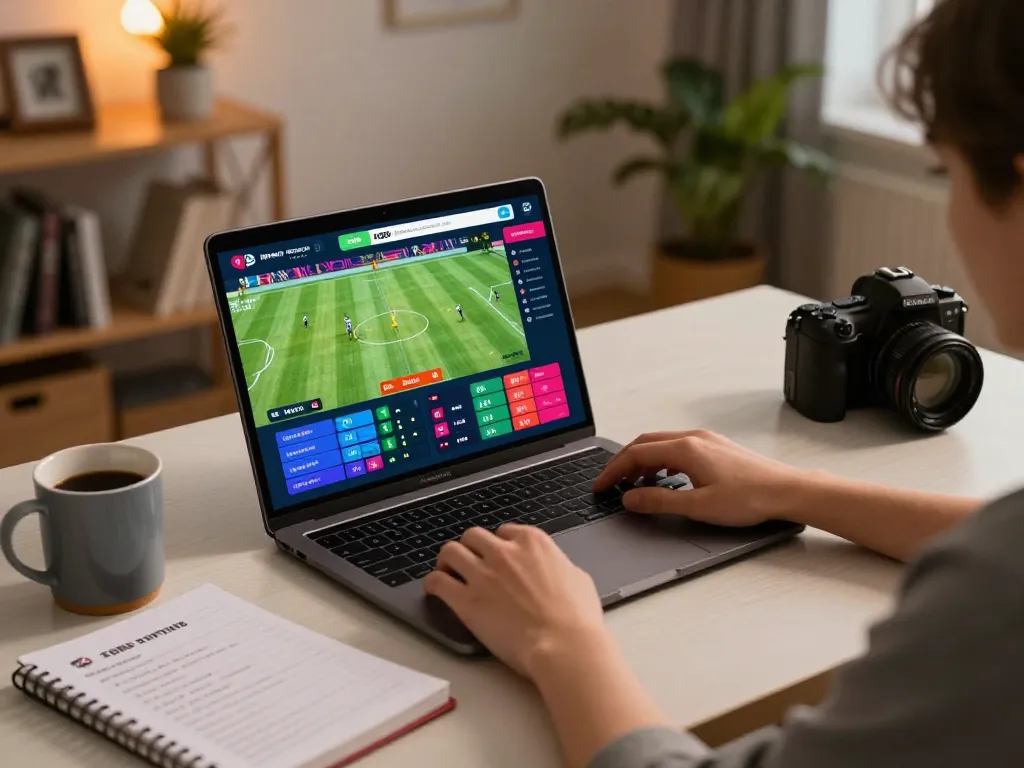 KQBD user engaging in dynamic online sports betting experience at home, showcasing live match graphics and strategic notes.