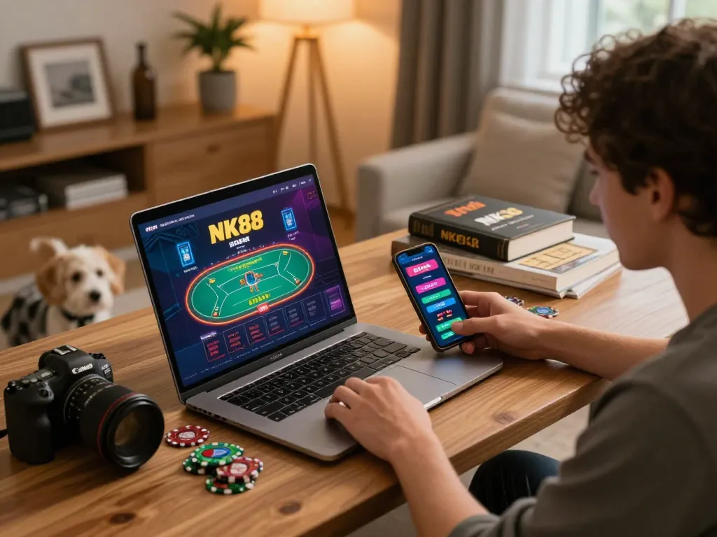 Engaging in NK88 online gaming strategy from a cozy home setup with laptops and devices