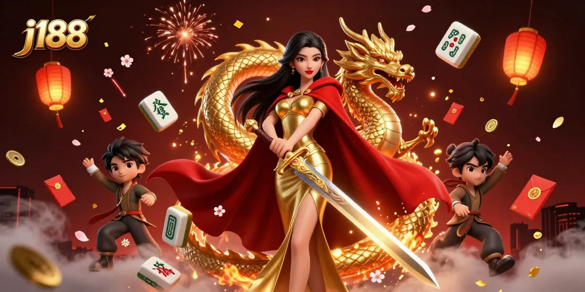 Experience thrilling gameplay at j188 with a warrior queen, golden dragon, and exciting casino elements.