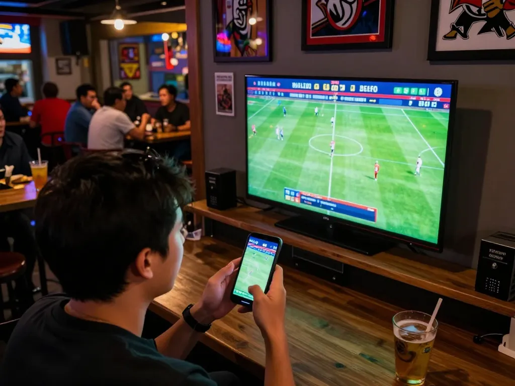 Engaging in trang cá độ bóng đá at a lively sports betting venue, watching a match while placing live bets on a smartphone.