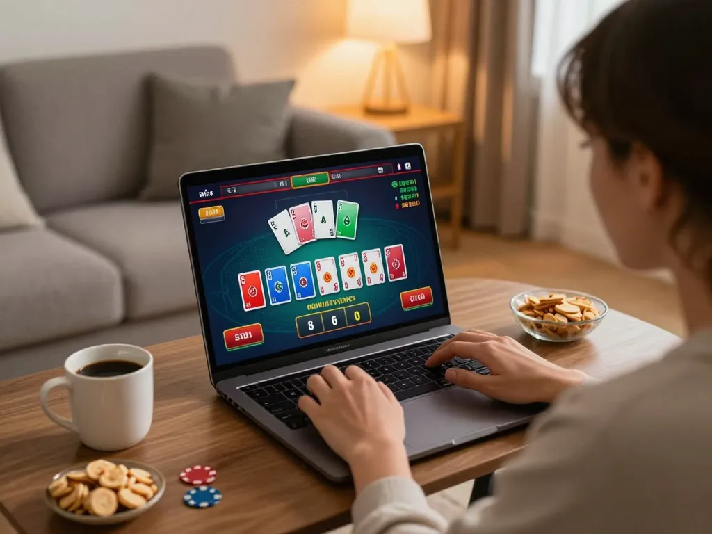 Engaged player enjoying cm88-t1 live dealer blackjack on laptop at home, highlighting modern gaming setup.