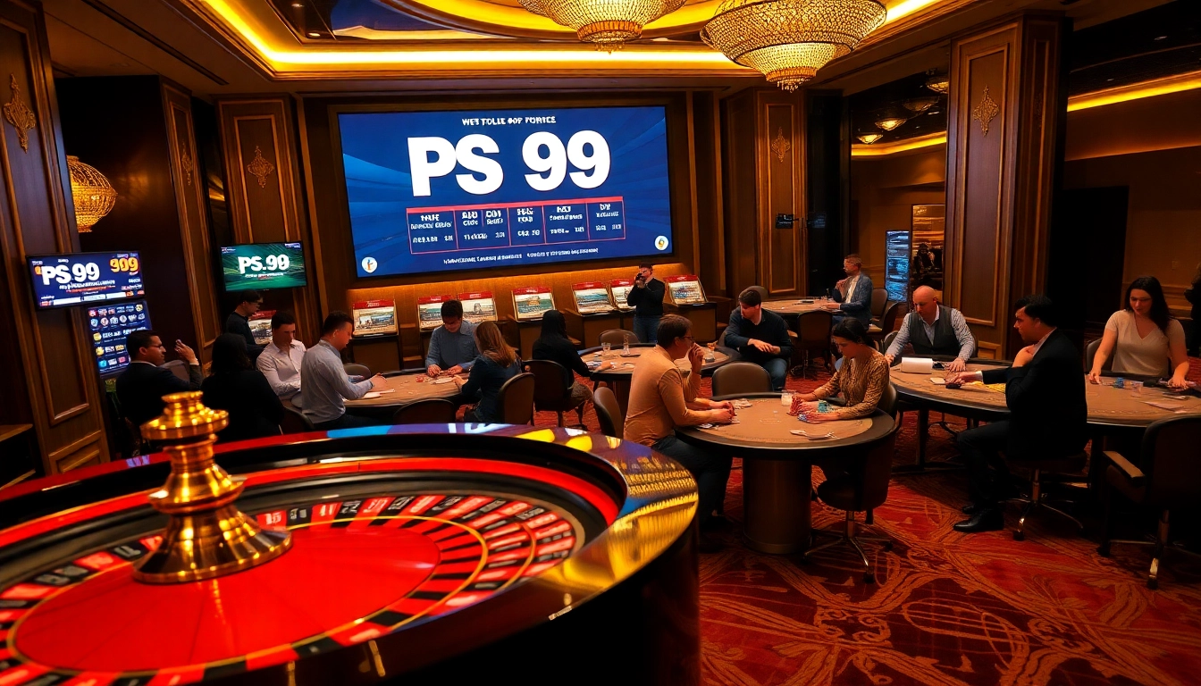 Experience the excitement of PS99 with players enjoying roulette and poker in a luxurious casino environment.