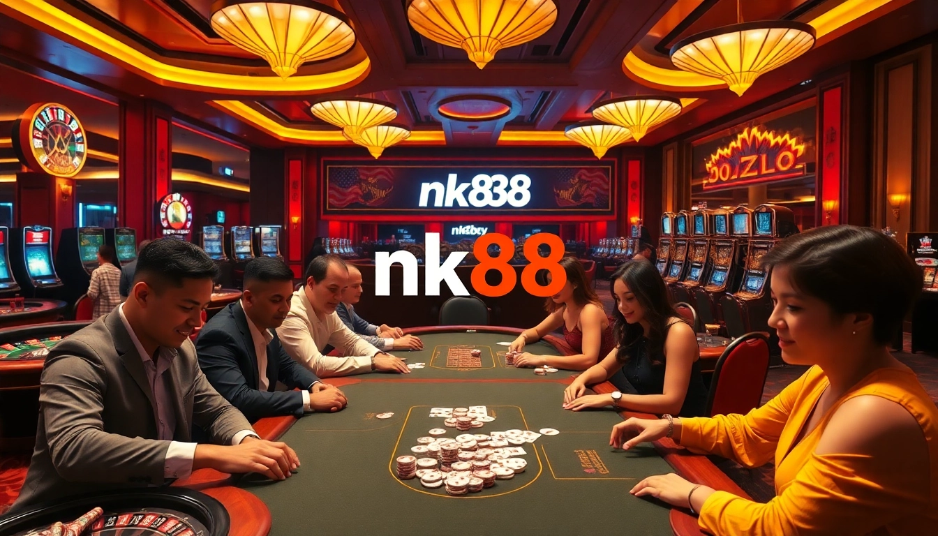Experience the thrill of nk88 at a luxurious casino table with players, chips, and cards.
