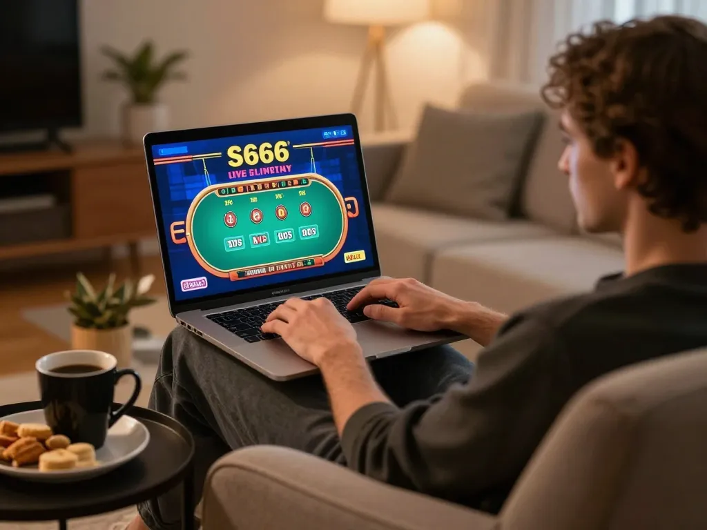 S666 online player engaging with live dealer game on laptop in cozy home setting.