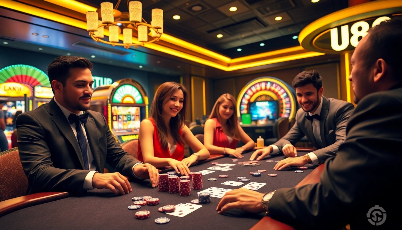 Experience the thrill of U88 gaming at a luxurious casino with vibrant tables and exciting slot machines.