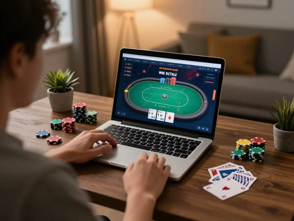 Person enjoying an engaging online poker game at home on XX88's platform, showcasing vibrant gameplay.