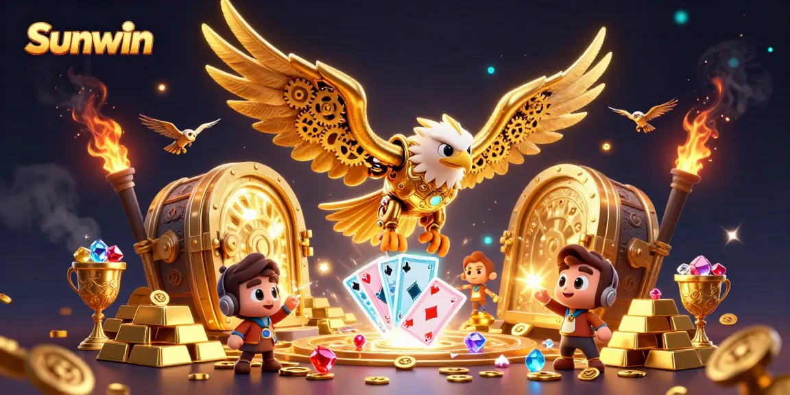 Dive into Sunwin's thrilling world of 3D casino magic with a golden eagle and holographic cards.