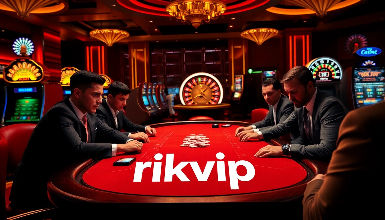 Competitive players engaging at the rikvip poker table, surrounded by vibrant slot machines and roulette.