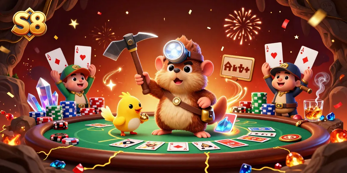 S8 showcases a treasure-hunting mole amidst poker tables and vibrant casino elements for an exciting gaming experience.