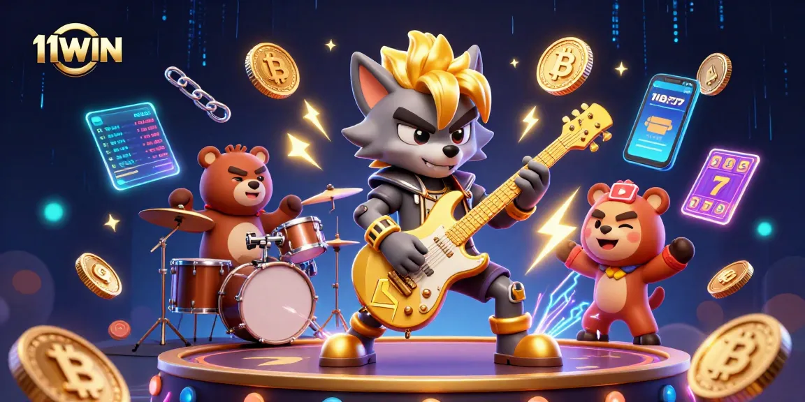 Experience the exciting atmosphere of 11WIN casino with a rock star wolf and a drummer bear amid dazzling gaming elements.