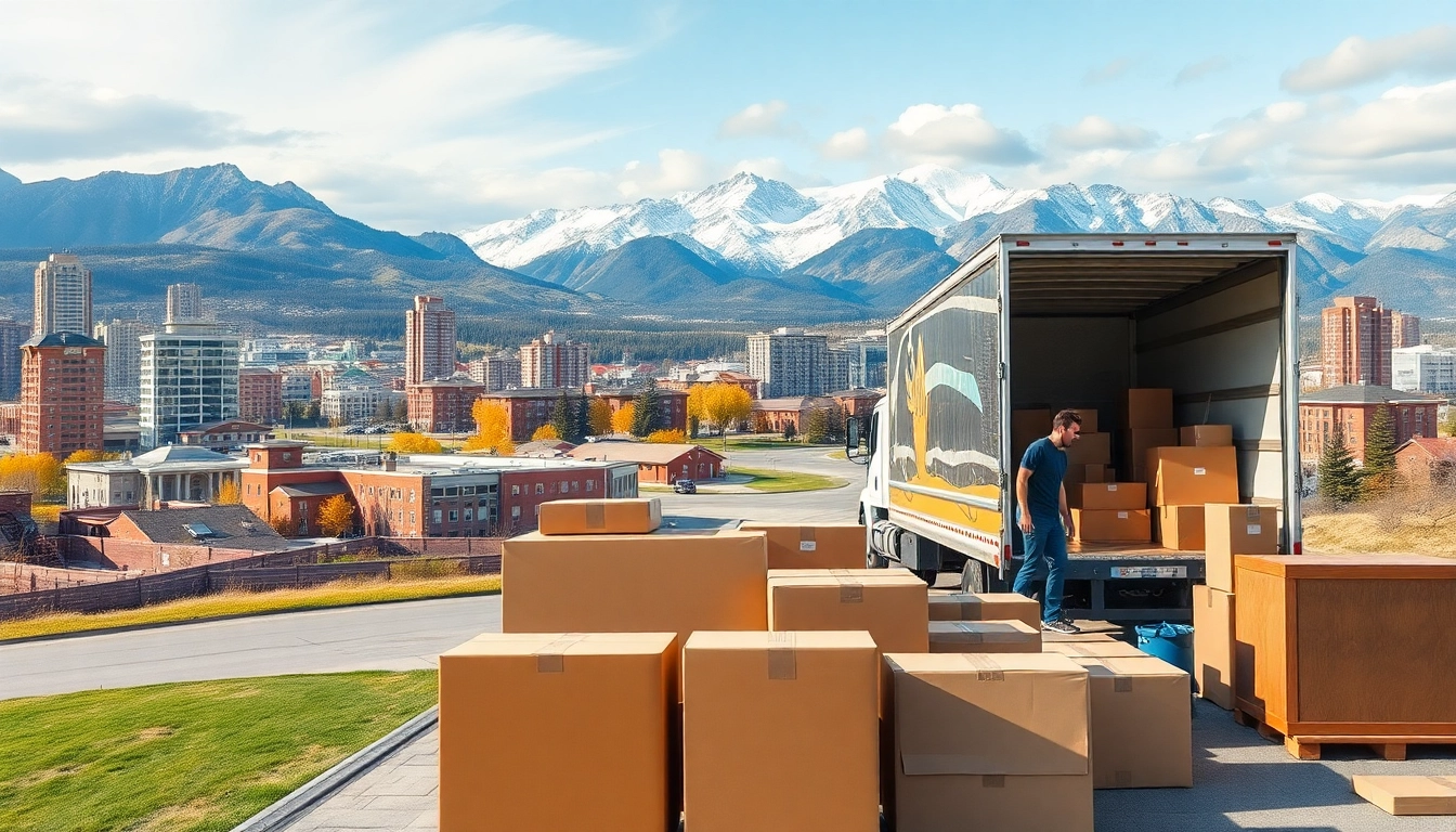 Long distance movers Calgary efficiently organizing boxes and furniture in a picturesque setting.