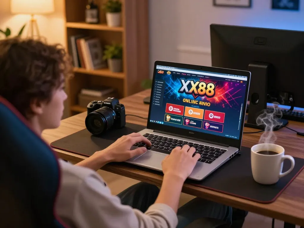 Engage with XX88's online casino action on a cozy home setup featuring a laptop and gaming accessories.