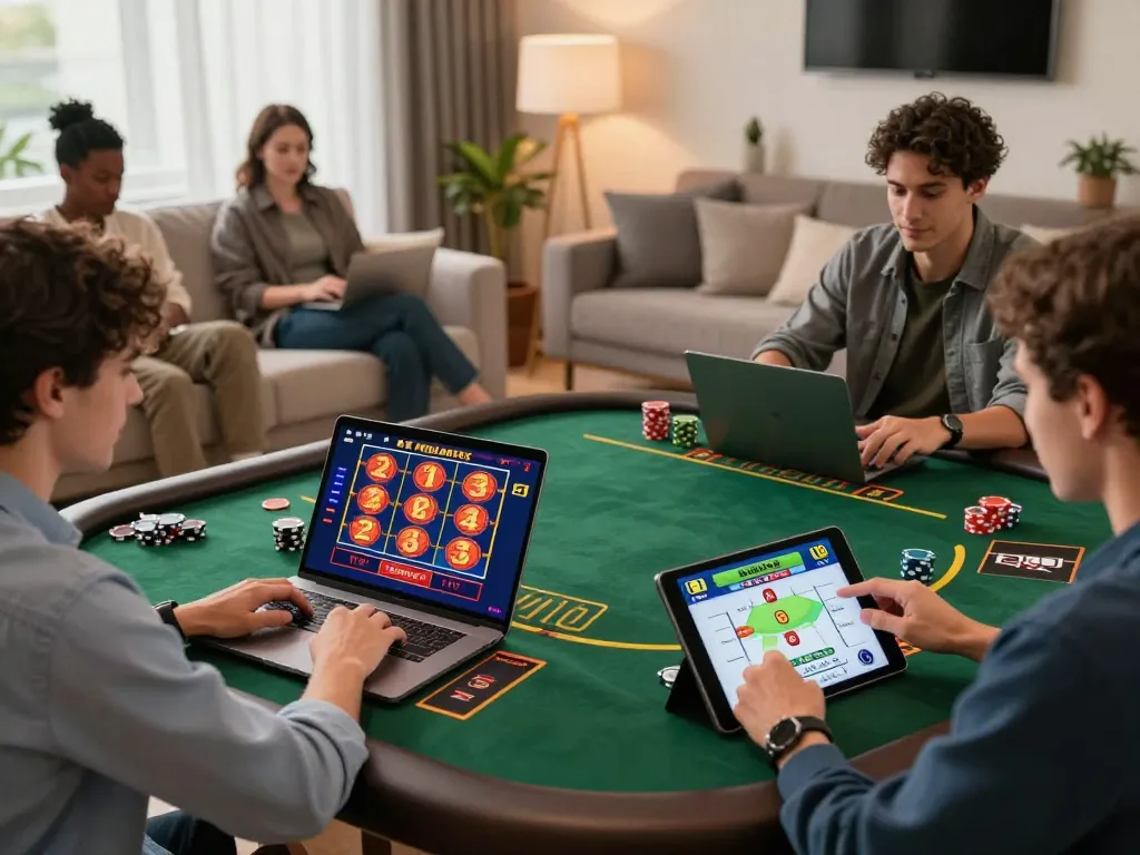 Users enjoying various 789win online casino games at home, showcasing a relaxed and responsible gaming atmosphere.
