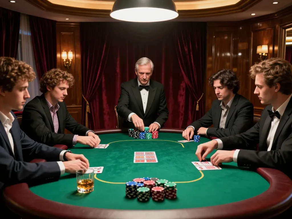 Players strategizing over poker hands at an upscale casino table, MM88 betting tips visible