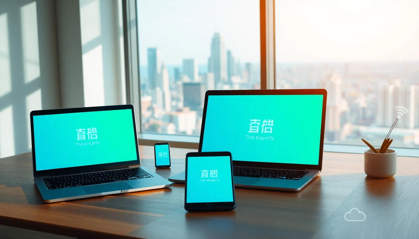 在现代工作区的多设备上显示的快连官网界面