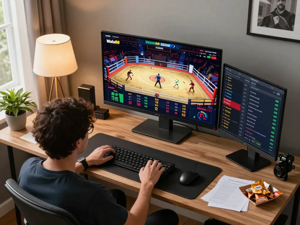 Engaging in live betting on Wala88 while watching a thrilling cockfighting match, blending strategy with entertainment.