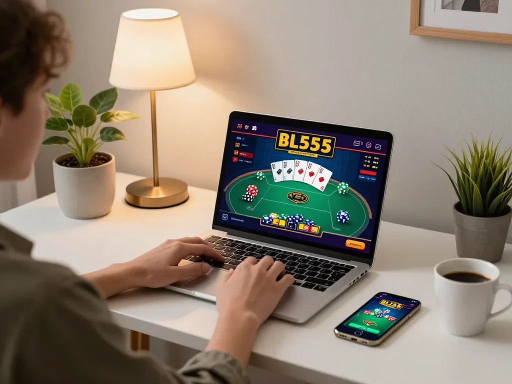 Engaging in Bl555 online casino gaming on a laptop at home with vibrant setup.