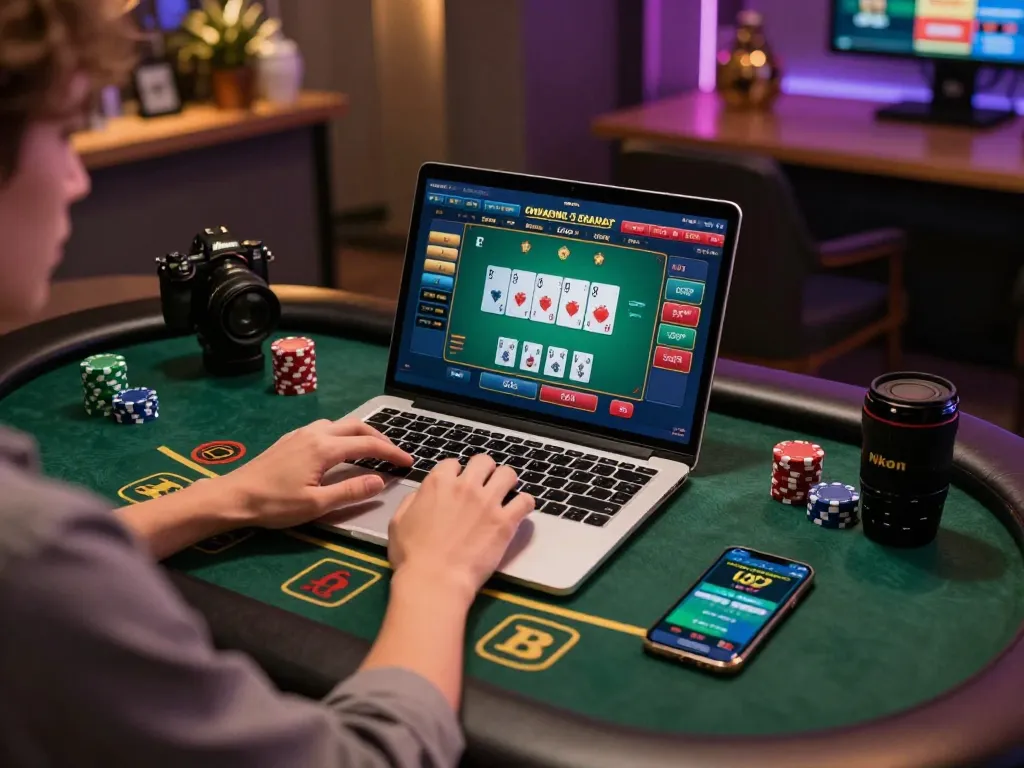 Engaging scene of a player using KK55 for online blackjack, showcasing responsible gaming atmosphere.