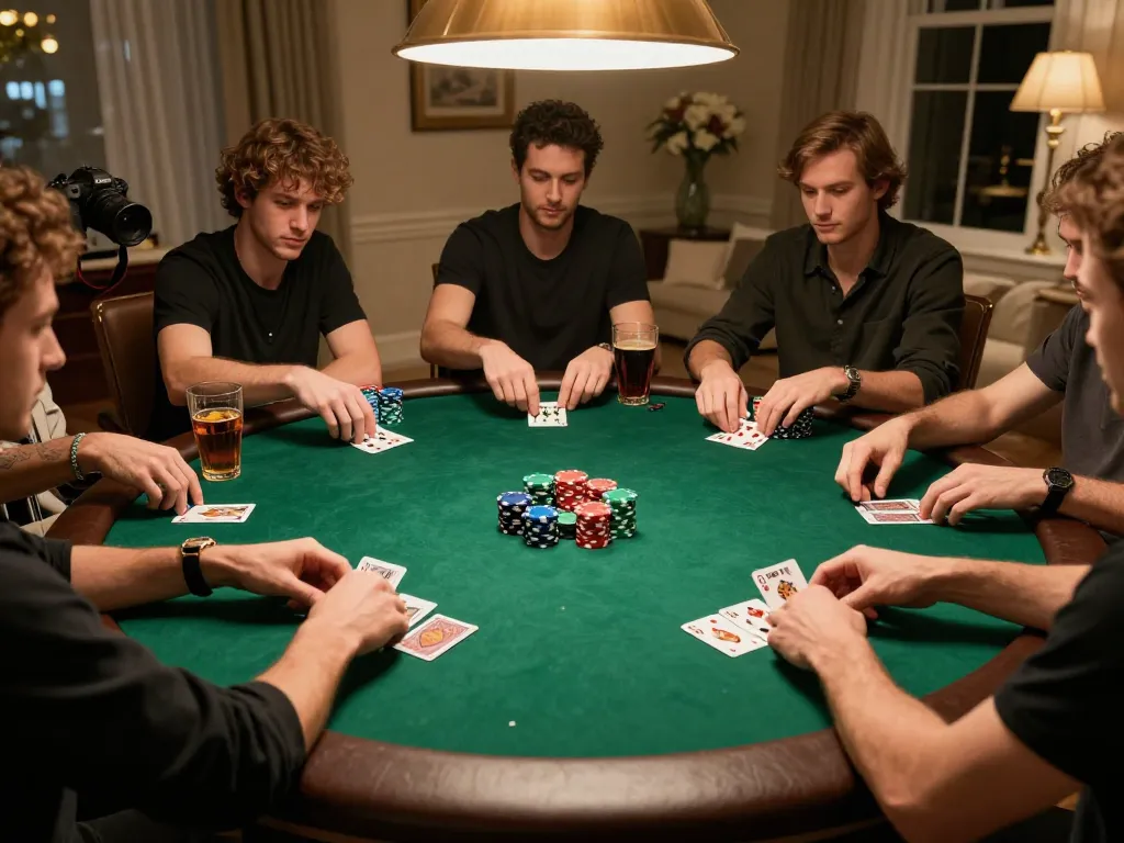 Engaged players showcase SC88 poker strategy at a friendly home game night under warm lighting.
