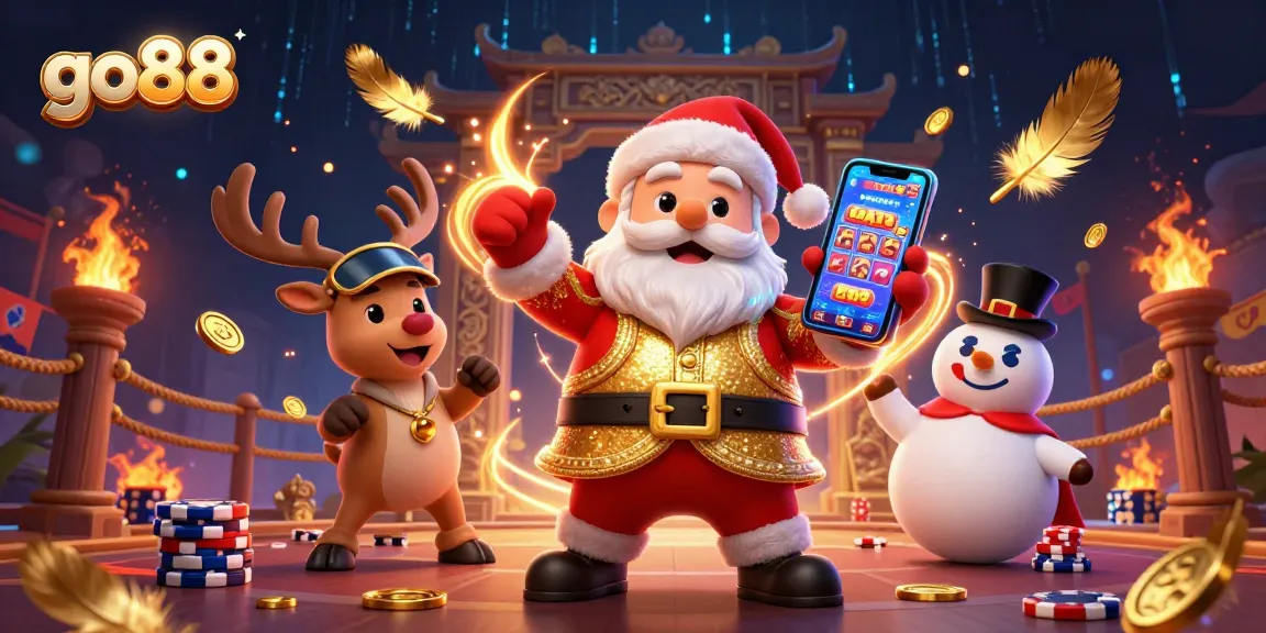 Go88’s vibrant casino scene shows Santa holding jackpot slots, reindeer dealer, and poker chip snowman.