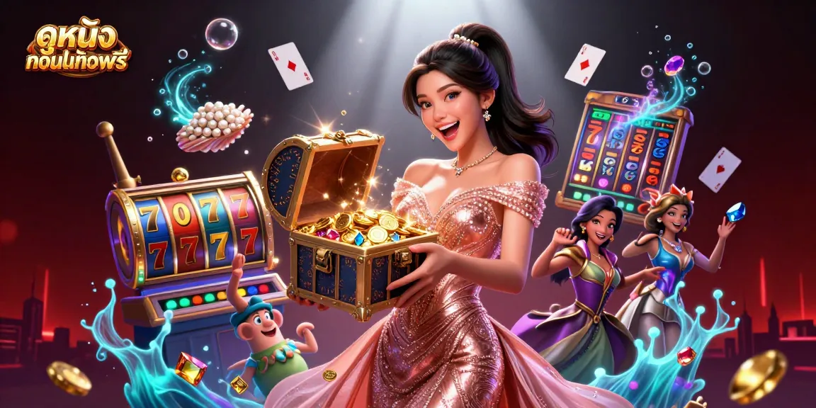 Experience the thrill of ดูหนังออนไลน์ฟรี with a gorgeous Asian woman celebrating a jackpot in a vibrant casino setting.