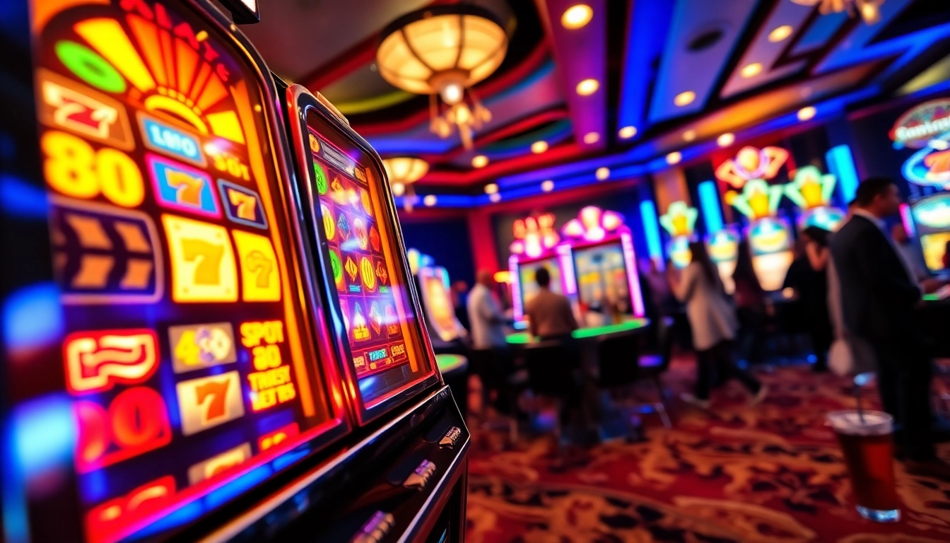 Slot gampang menang di mesin slot berkilau dengan pemain ceria di latar belakang.