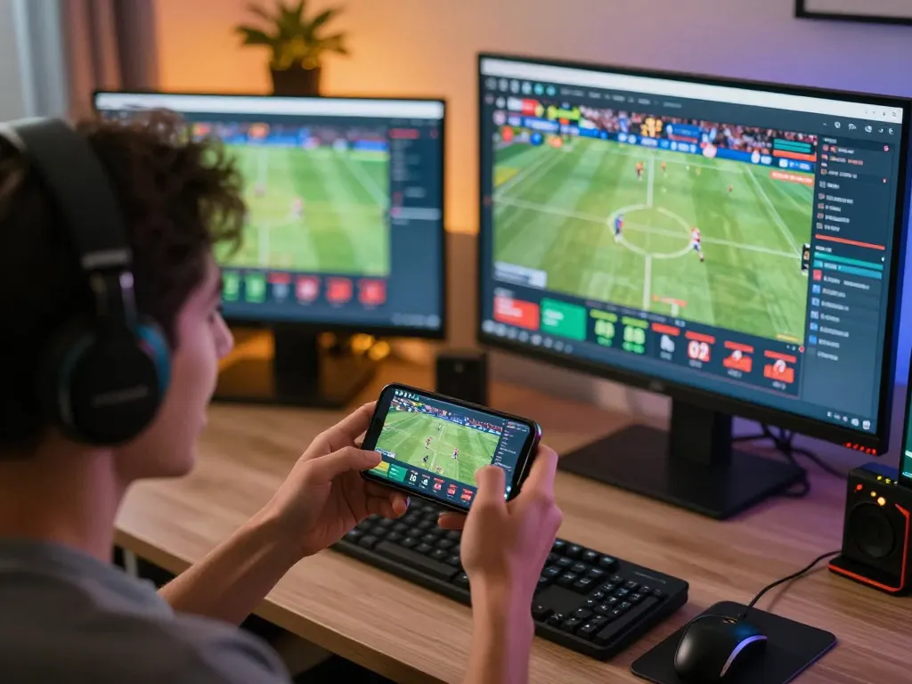 Bong88 user engaging in live sports betting via smartphone in a cozy home office