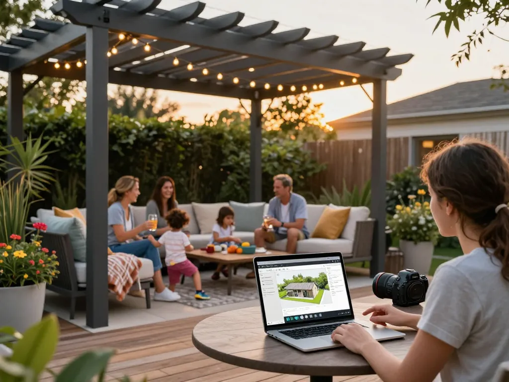 Family under a stylish pergola configurator, enjoying drinks and outdoor living.