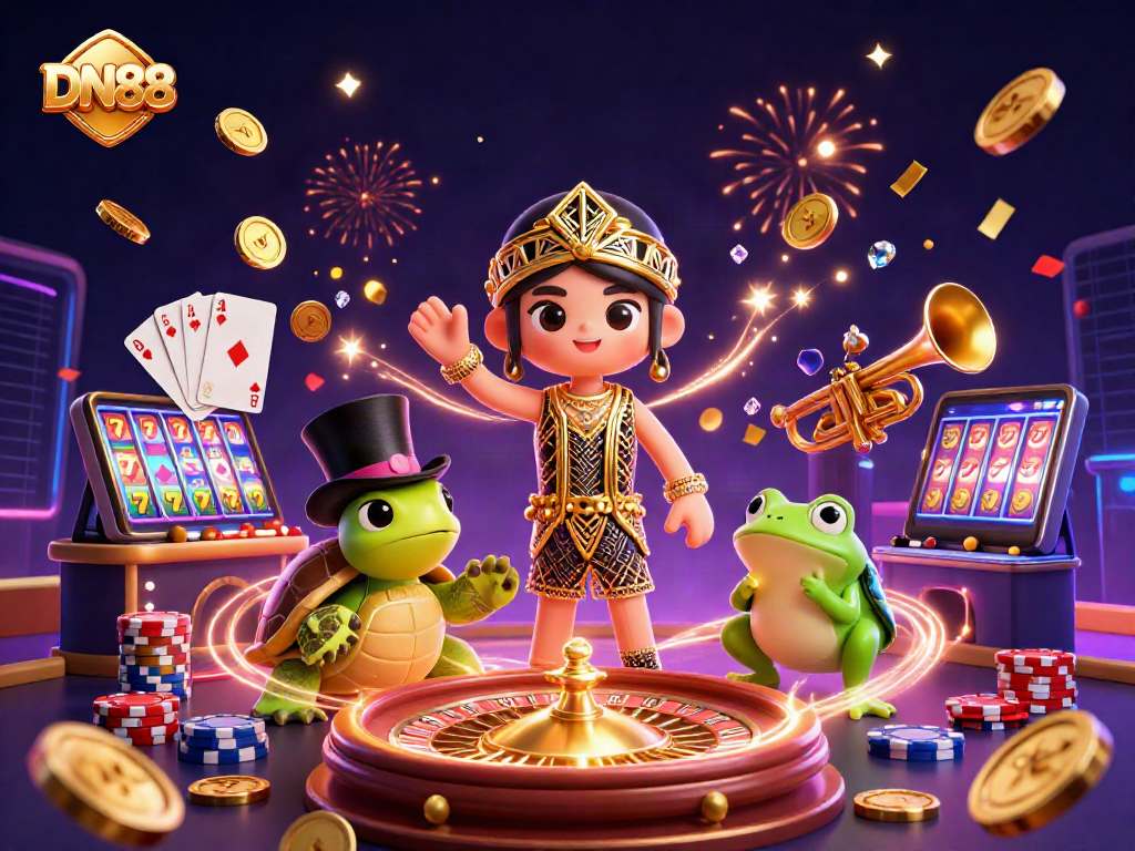 Experience excitement with DN88 as the top-hat turtle and trumpet-playing frog entertain in a vibrant casino scene.