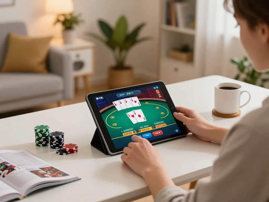 Player engaging in online casino games at home with bl555 tablet interface and poker chips