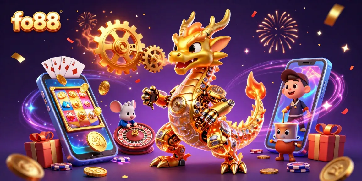Join the excitement at fo88 with a golden dragon and vibrant slot game action