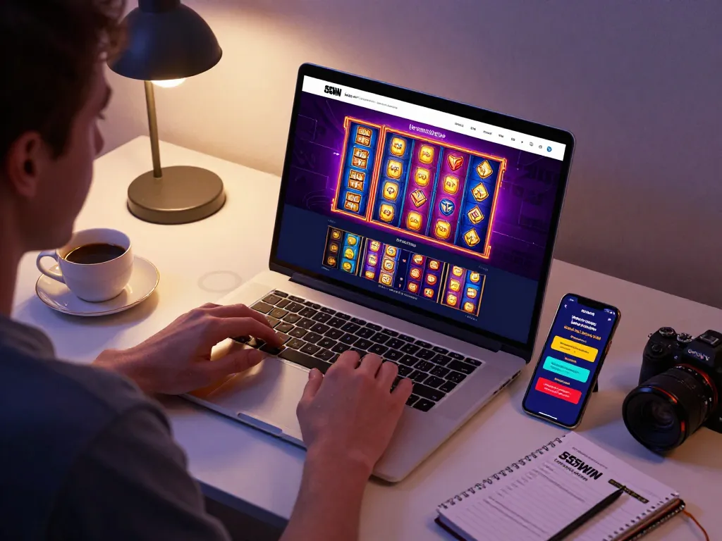 Engage with 555WIN's exciting online casino gaming on a laptop showcasing vibrant slot machine reels.