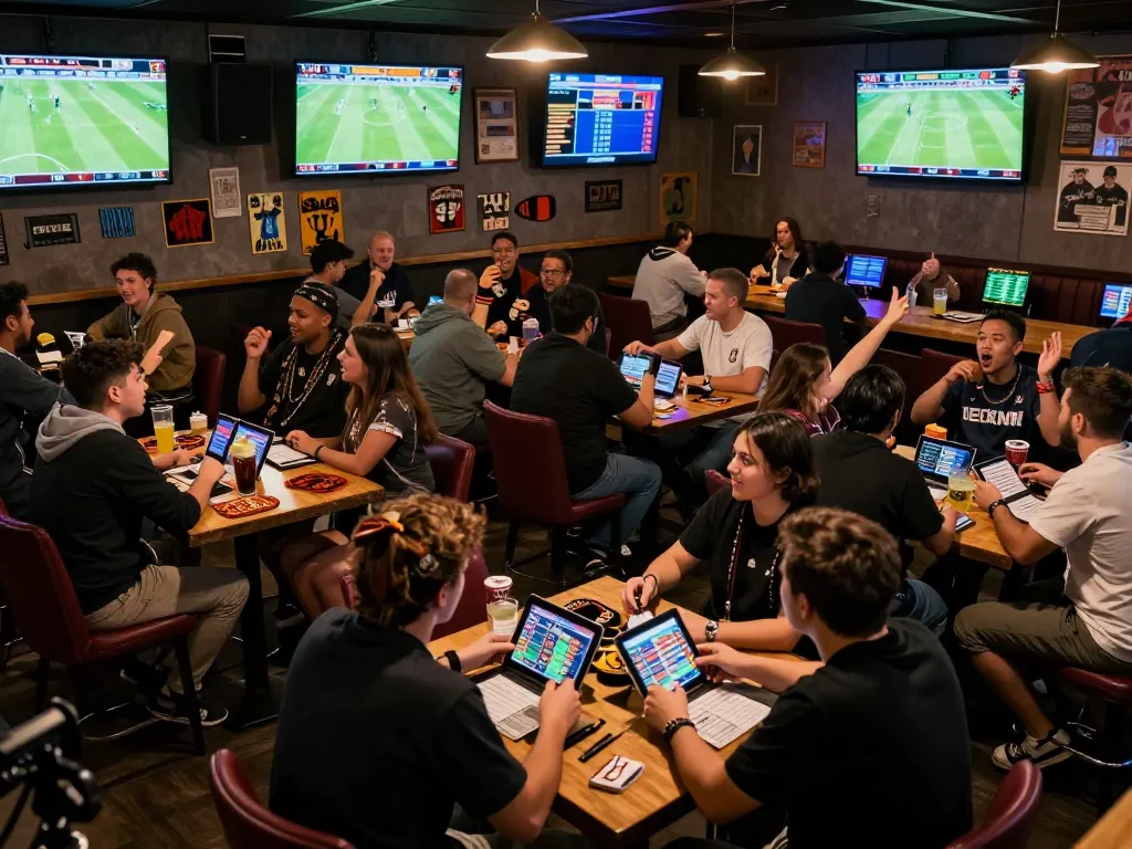 Monitoring kết quả bóng đá while betting in an energetic sports bar environment with lively crowd.