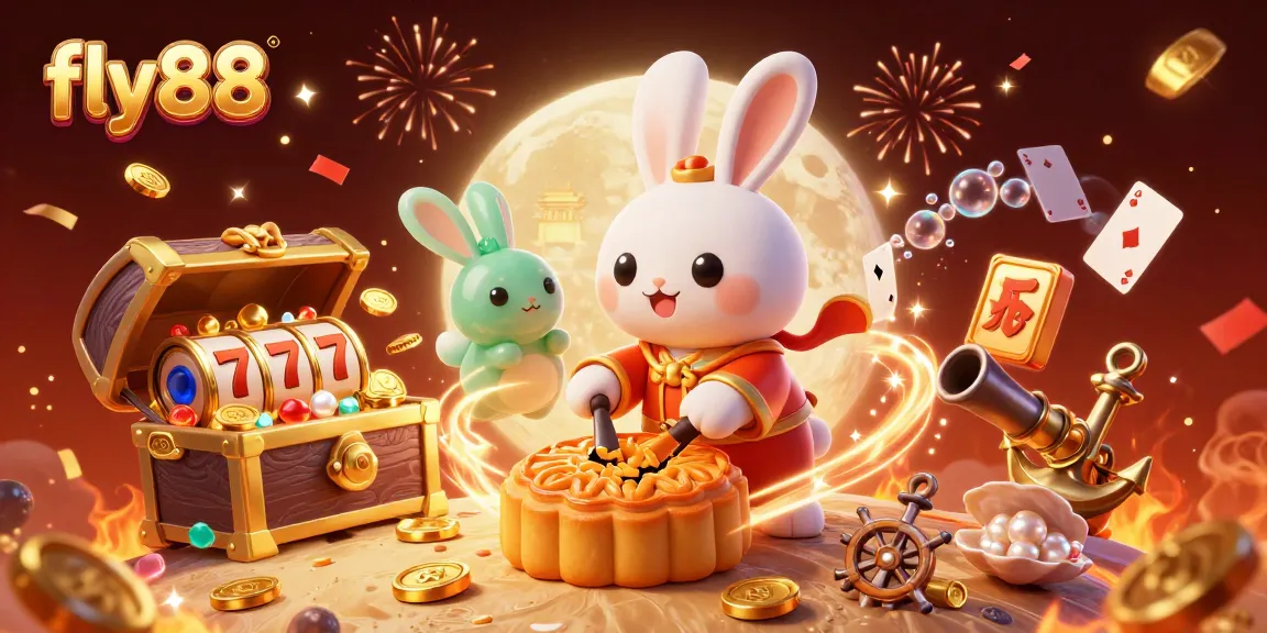Spin the reels and win at fly88 with an enchanting moon rabbit illustration rich in casino motifs.