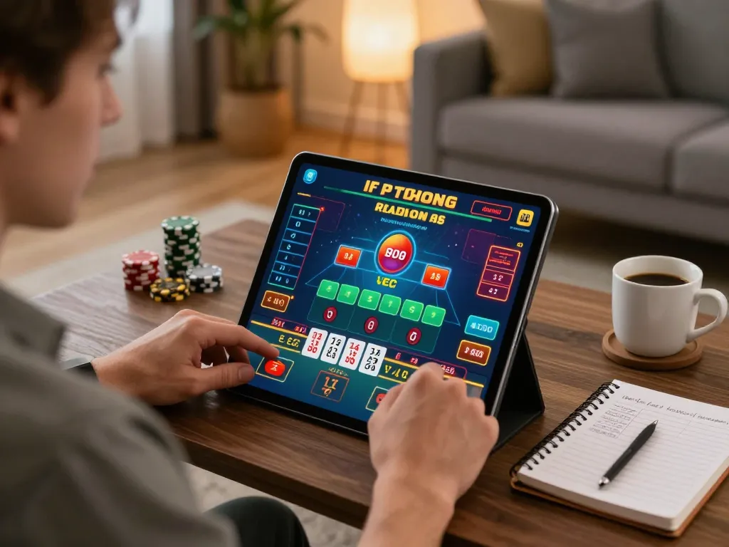 tr88 player analyzing blackjack strategy on tablet in cozy home setting