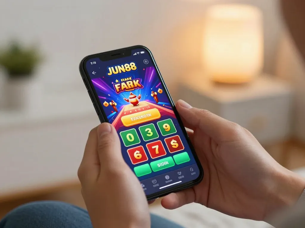 Hands engaged with the JUN88 casino app for mobile gaming excitement.
