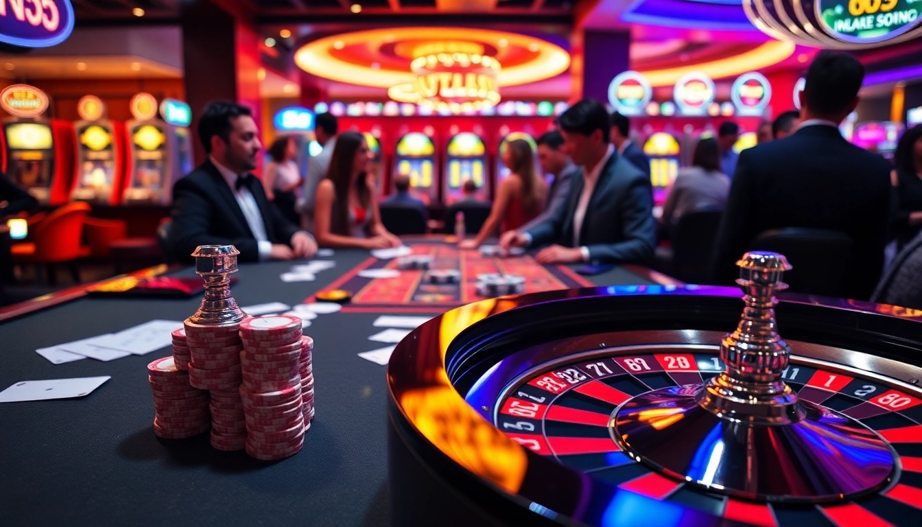 Gamblers enjoying an exciting Win55 casino experience at a vibrant gaming table.