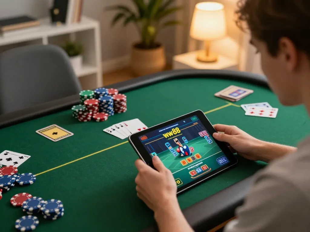 Engaged players competing in an online poker game at ww88, showcasing interaction and strategy at home.