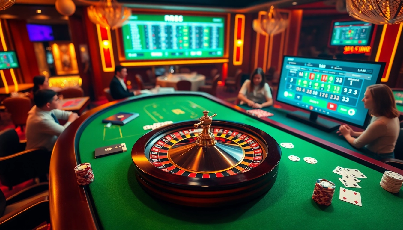 Exciting gambling experience at RR88 with poker chips and a roulette wheel in a vibrant casino.
