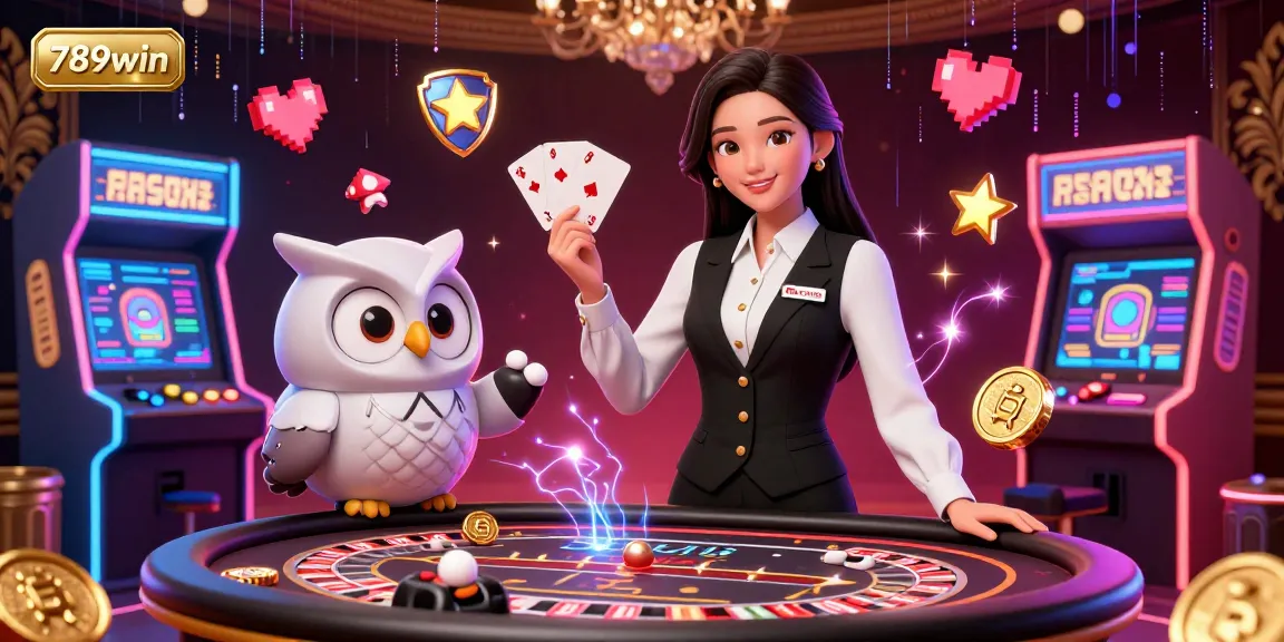 Engage with 789win's vibrant casino atmosphere featuring a skilled dealer and arcade excitement.