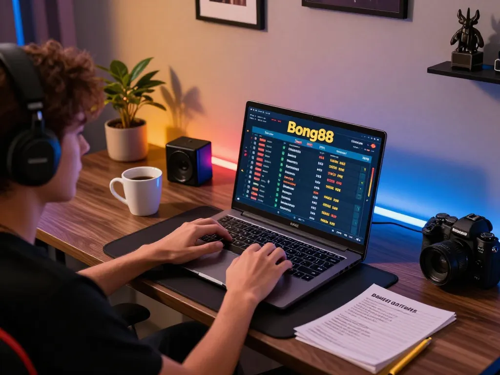 Bong88 player engaged in online gaming with laptop and betting notes in a cozy setup