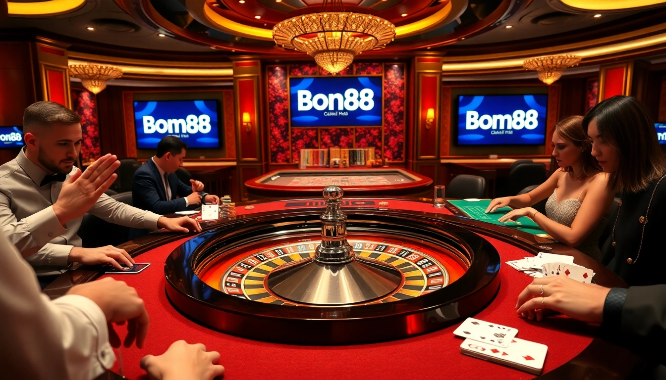 Bong88 players engaging at a roulette table in a luxurious casino environment.