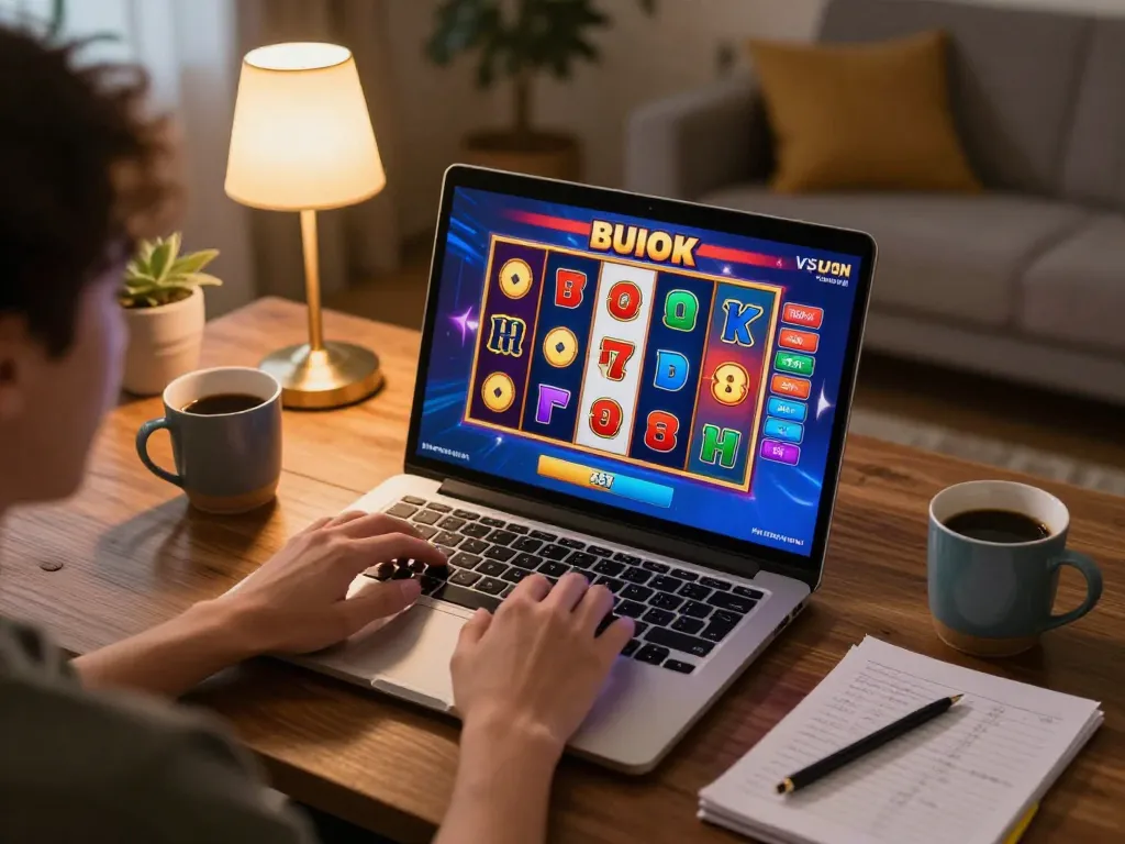 Engaging in online slot gameplay on Jun88, showcasing vibrant graphics and strategy notes